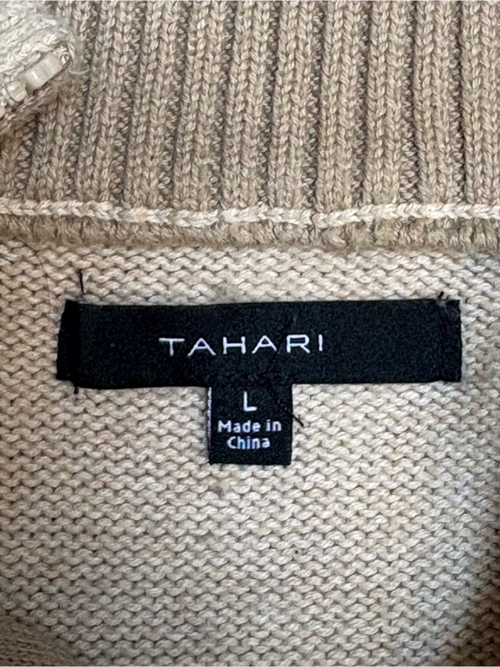Tahari Mens Tan Quarter Zip Sweater Striped Cotton Knit Mock Neck Pullover Large - Picture 4 of 6